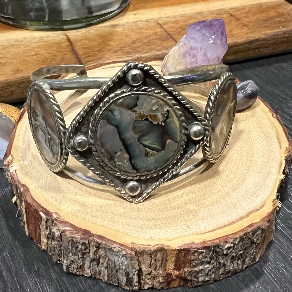 Silver Mexico Abalone Shell Adjustable Cuff Bracelet From Mexico Alpaca Stamped 35$